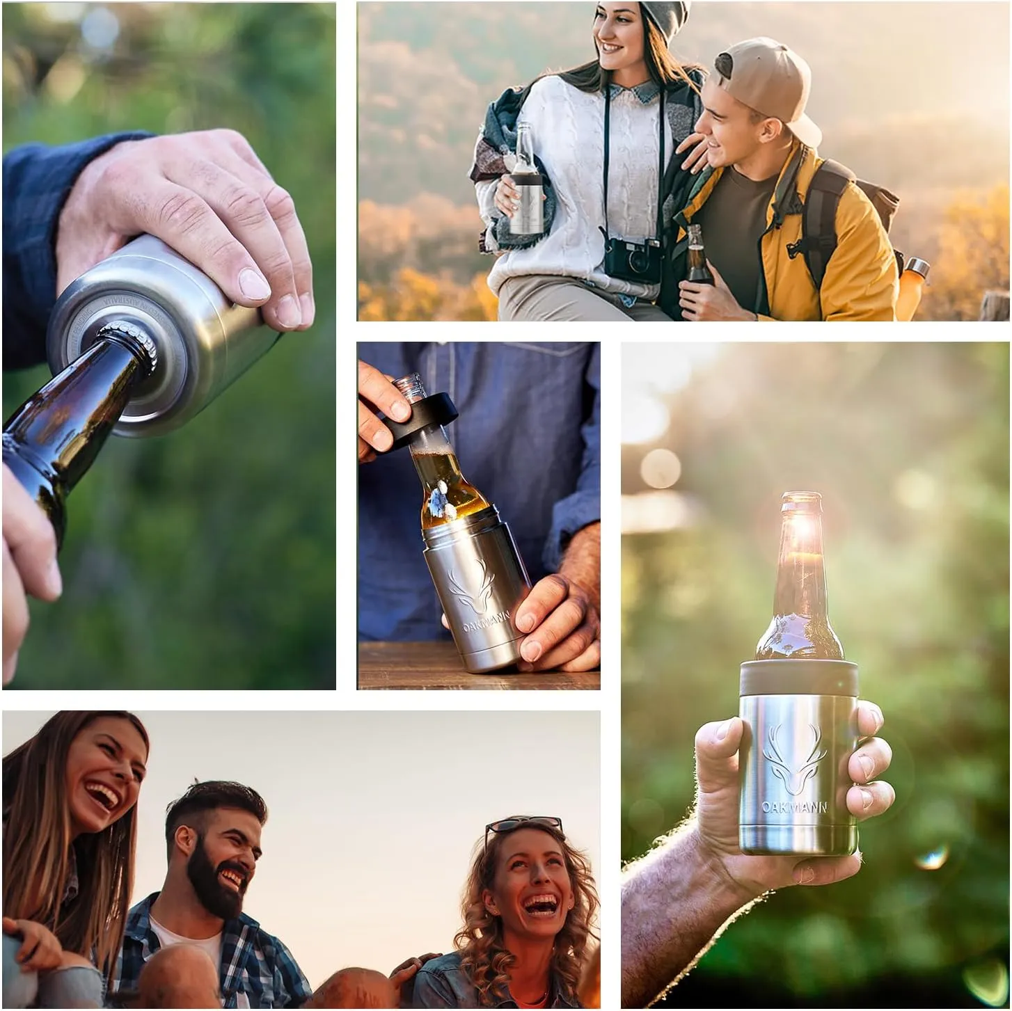 OAKMANN Beer Cozy with Bottle Opener, Insulated Can Cooler 12 oz Bottle Holder, 4 in 1 Stainless Steel Insulator, Universal Can Coozie for Cans Bottles, Ultimate Beer Gifts for Men - Steel