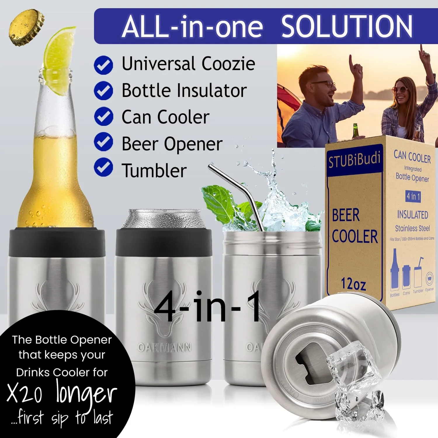 OAKMANN Beer Cozy with Bottle Opener, Insulated Can Cooler 12 oz Bottle Holder, 4 in 1 Stainless Steel Insulator, Universal Can Coozie for Cans Bottles, Ultimate Beer Gifts for Men - Steel