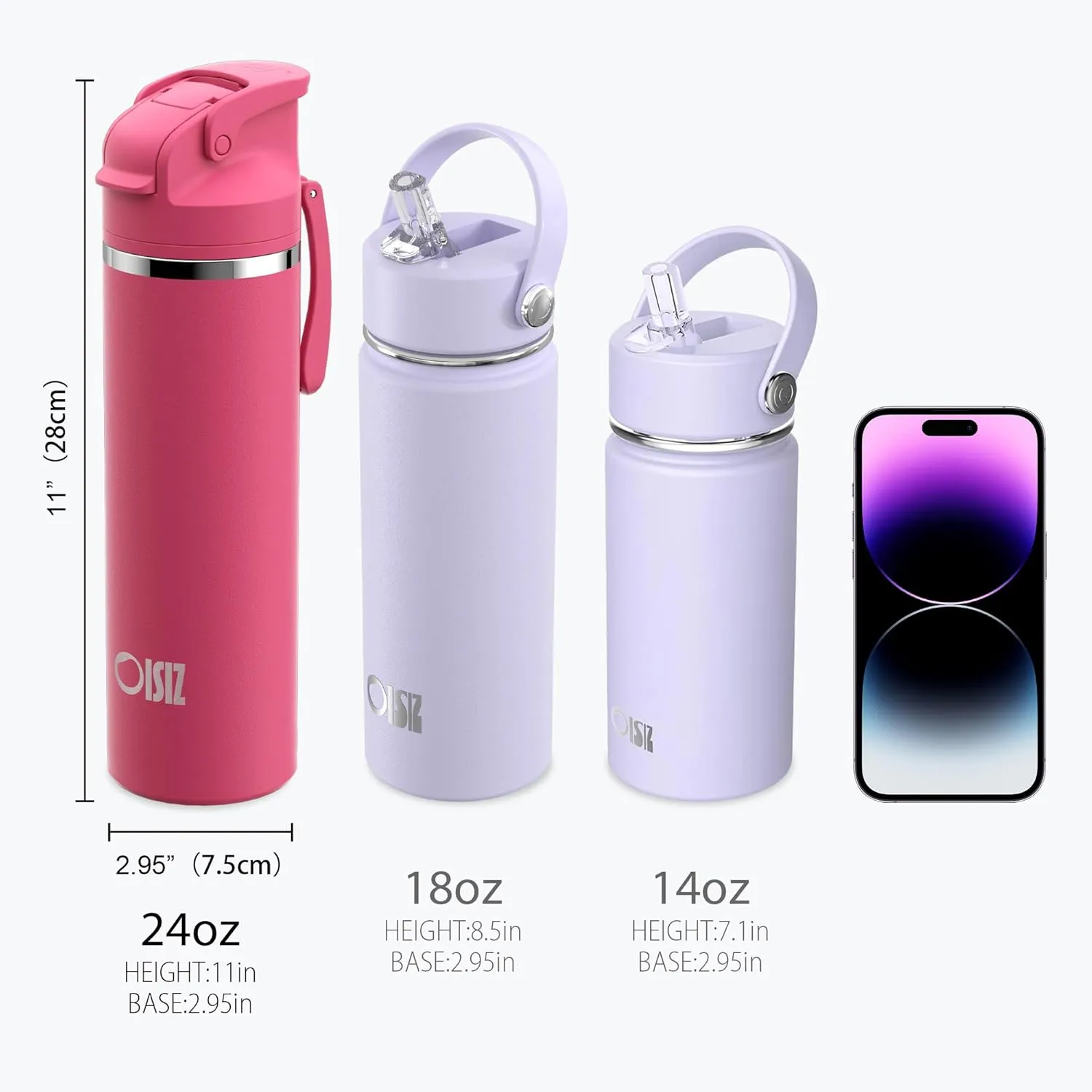 OISIZ Insulated Water Bottle 24 oz with 2-in-1 Straw and Swig Lid, Leakproof and BPA Free, Keep Cold 24H, Vacuum Stainless Steel Water Bottle for School, Travel and Sports, All Dishwasher Safe