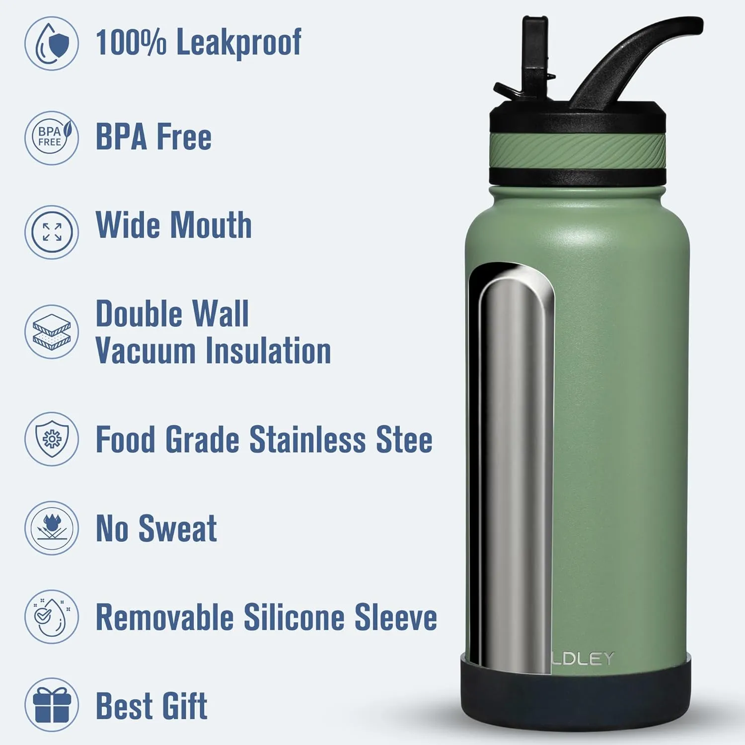 OLDLEY 32 oz Insulated Water Bottle With Straw, Stainless Steel Sports Water Cup Flask with 3 Lids(Straw, Spout and Handle Lid) Double Walled Travel Thermal Canteen Mug,Army Green