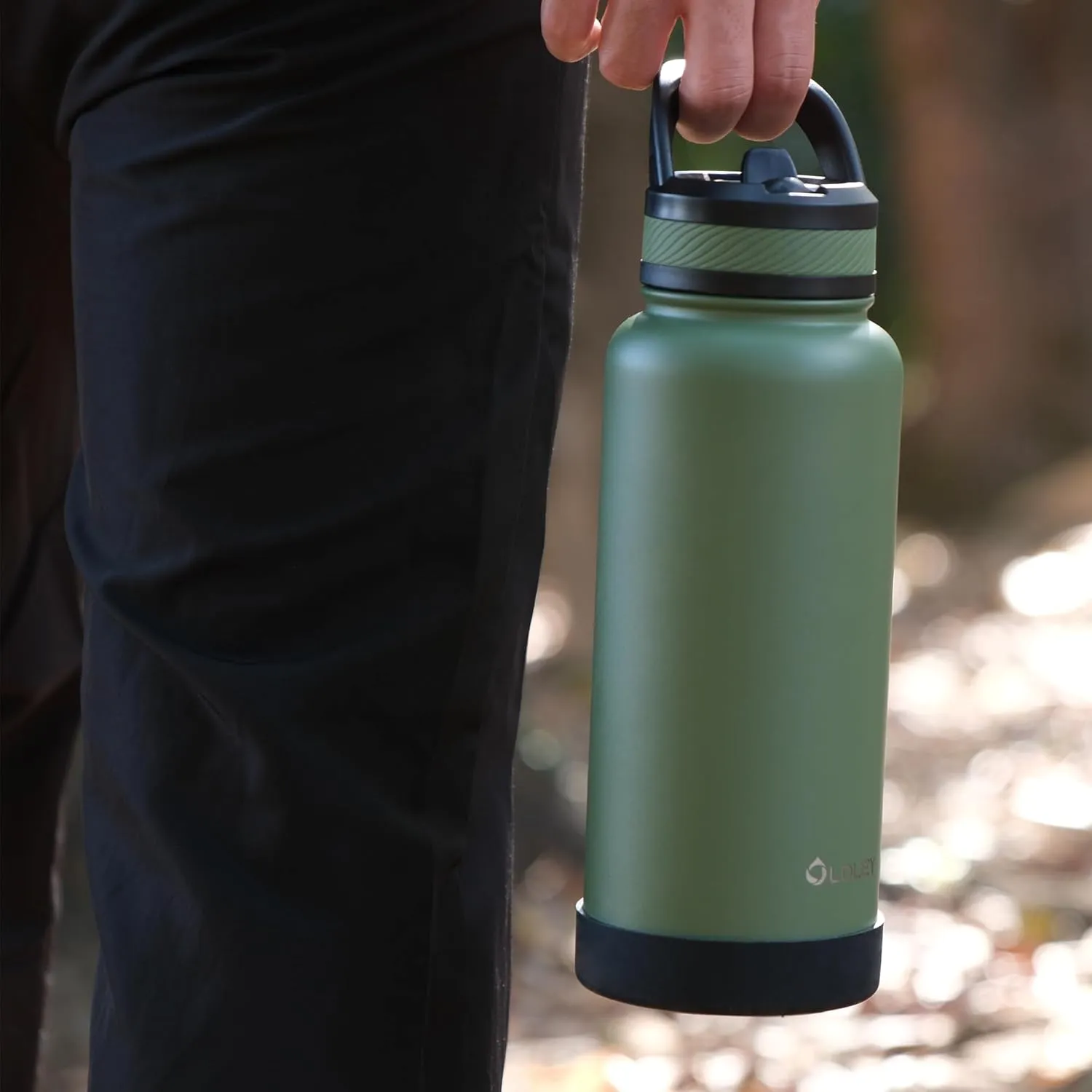 OLDLEY 32 oz Insulated Water Bottle With Straw, Stainless Steel Sports Water Cup Flask with 3 Lids(Straw, Spout and Handle Lid) Double Walled Travel Thermal Canteen Mug,Army Green