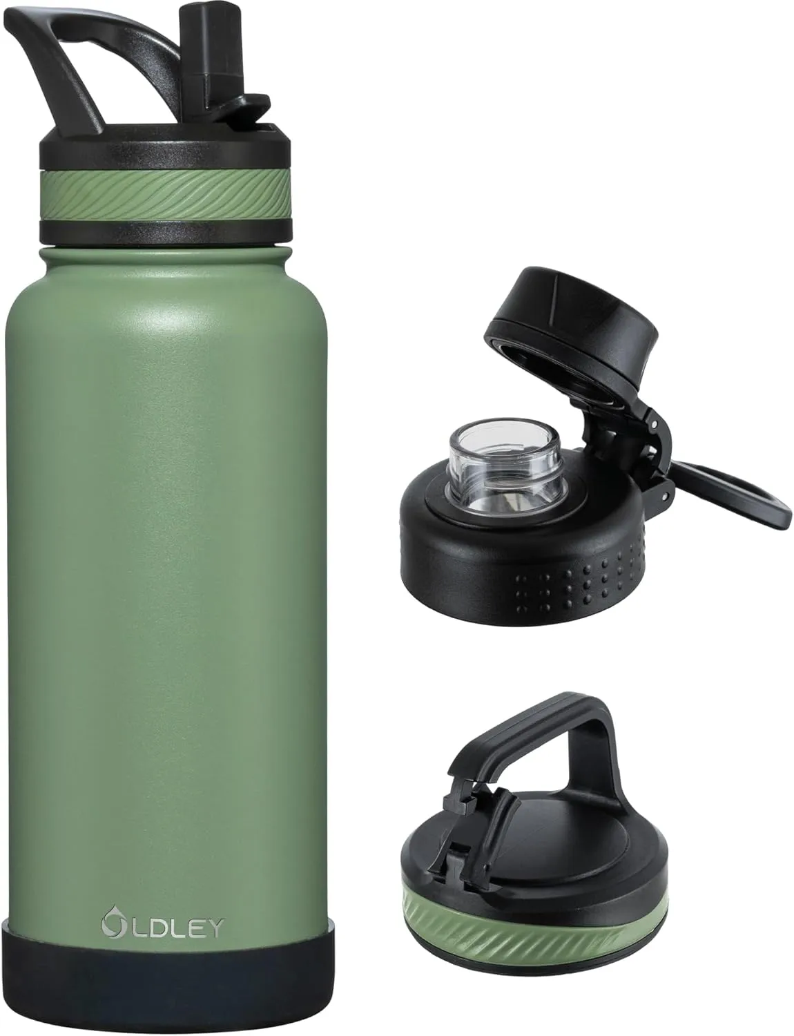 OLDLEY 32 oz Insulated Water Bottle With Straw, Stainless Steel Sports Water Cup Flask with 3 Lids(Straw, Spout and Handle Lid) Double Walled Travel Thermal Canteen Mug,Army Green