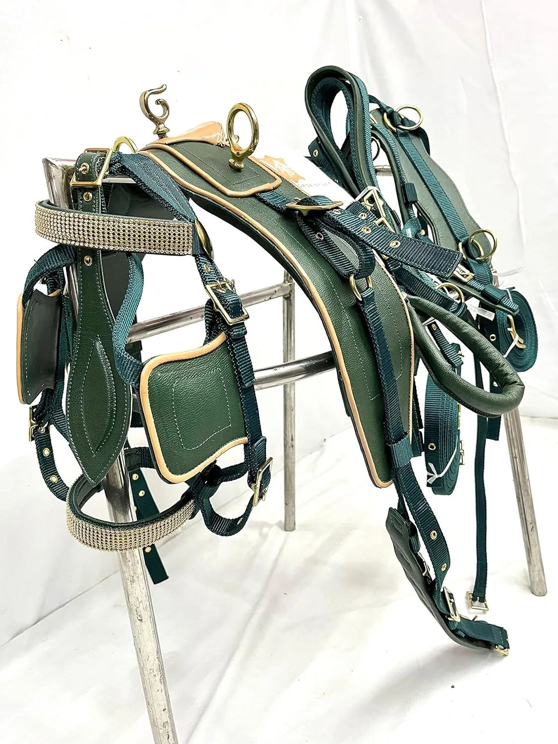 Olive Green Nylon Driving Harness | Beige Patent Piping | Full | Cob | Pony | Shetland | Mini |
