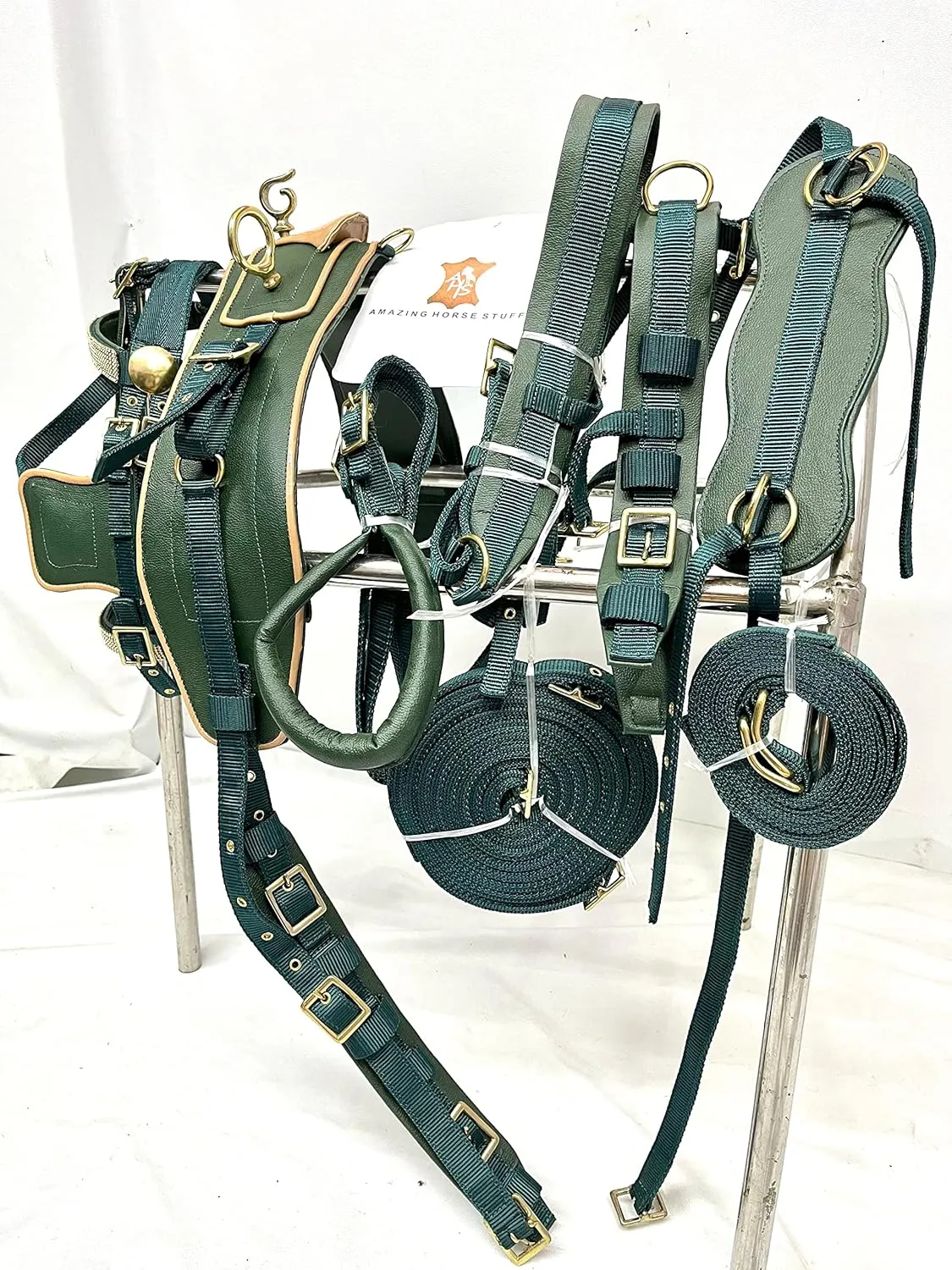 Olive Green Nylon Driving Harness | Beige Patent Piping | Full | Cob | Pony | Shetland | Mini |