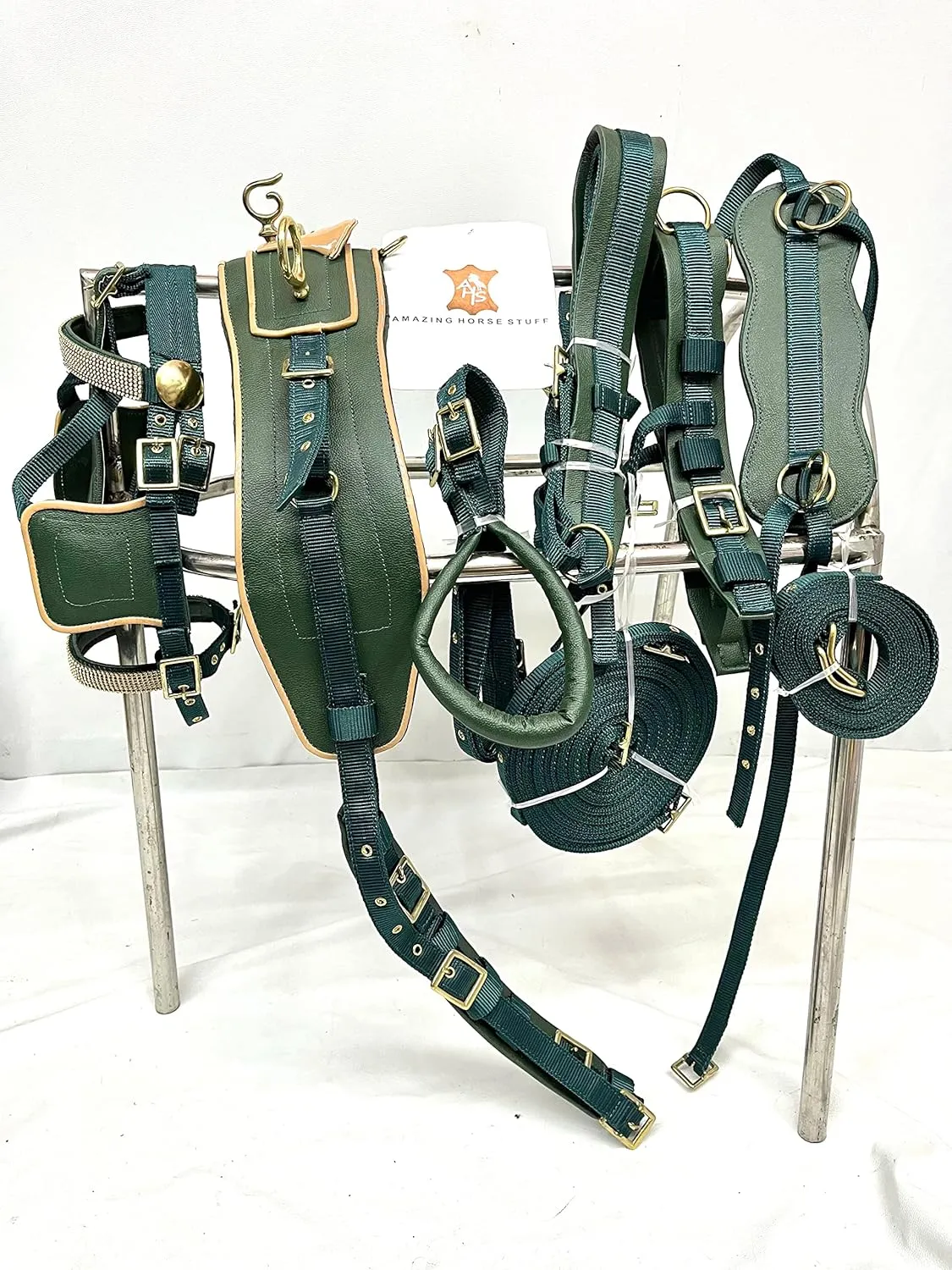 Olive Green Nylon Driving Harness | Beige Patent Piping | Full | Cob | Pony | Shetland | Mini |