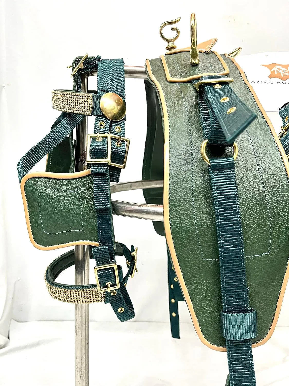 Olive Green Nylon Driving Harness | Beige Patent Piping | Full | Cob | Pony | Shetland | Mini |