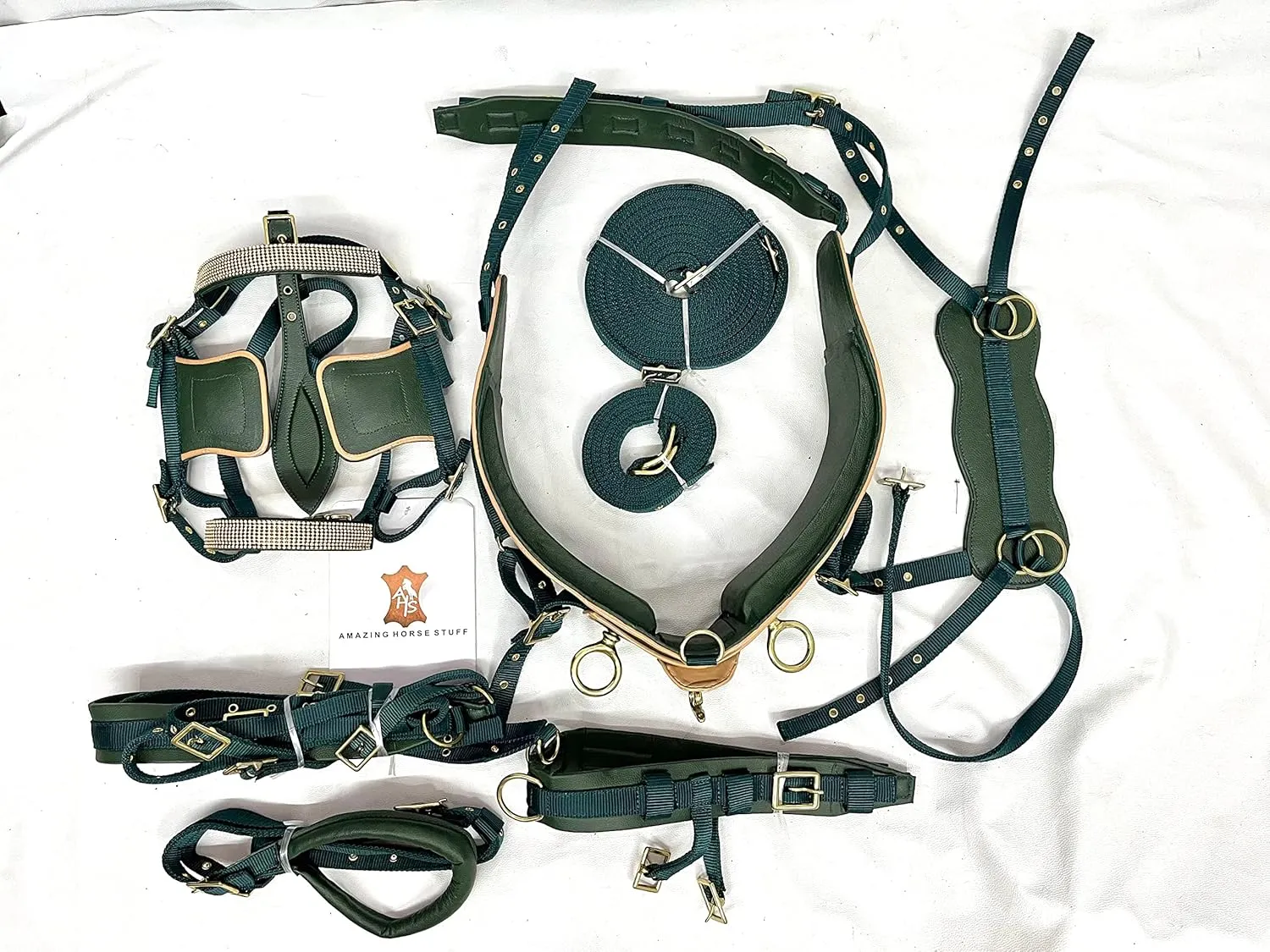 Olive Green Nylon Driving Harness | Beige Patent Piping | Full | Cob | Pony | Shetland | Mini |
