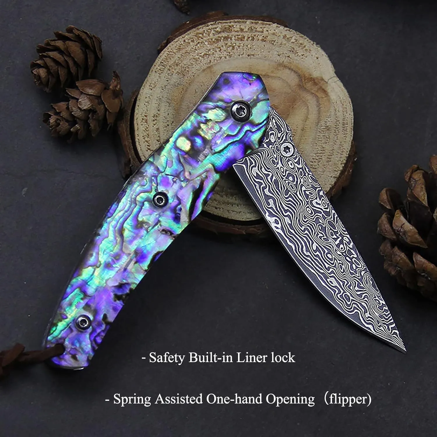 Omesio Damascus Pocket Knife Damascus Folding Knife Blue Abalone Handle Japanese Damascus Blade Pocket Knives Real Damascus Steel Folding Knife with Gift Box for Men/Dad/Father and Women