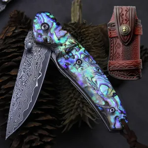 Omesio Damascus Pocket Knife with Leather Sheath Damascus Folding Knife Blue Abalone Handle Japanese Real Damascus Steel Folding Knife with Gift Box for Men/Dad/Father and Women