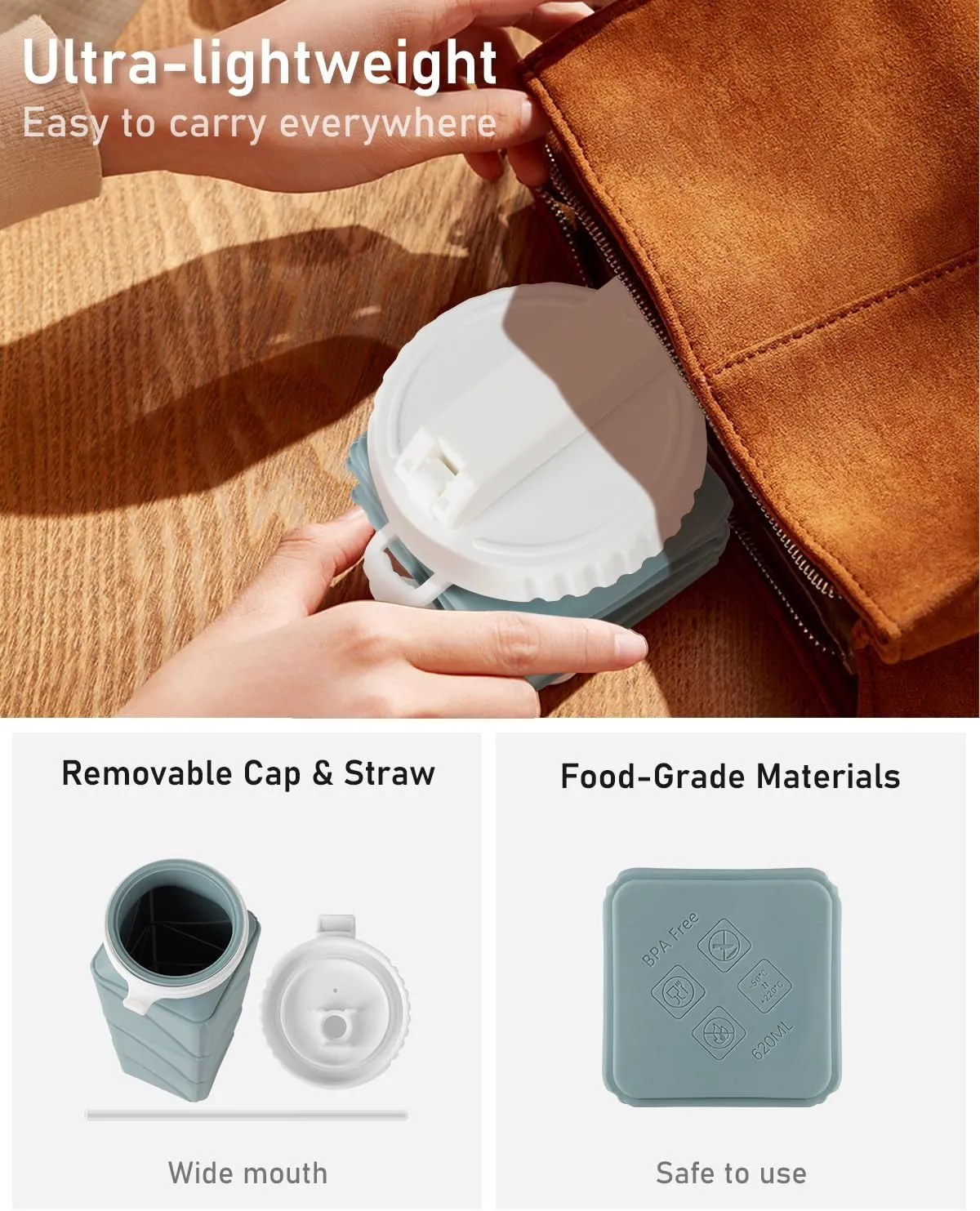 Opard Collapsible Water Bottles BPA Free Leak Proof Foldable Silicone Bottle with Anti-Collapse Ring for Travel Camping Hiking Running Sport