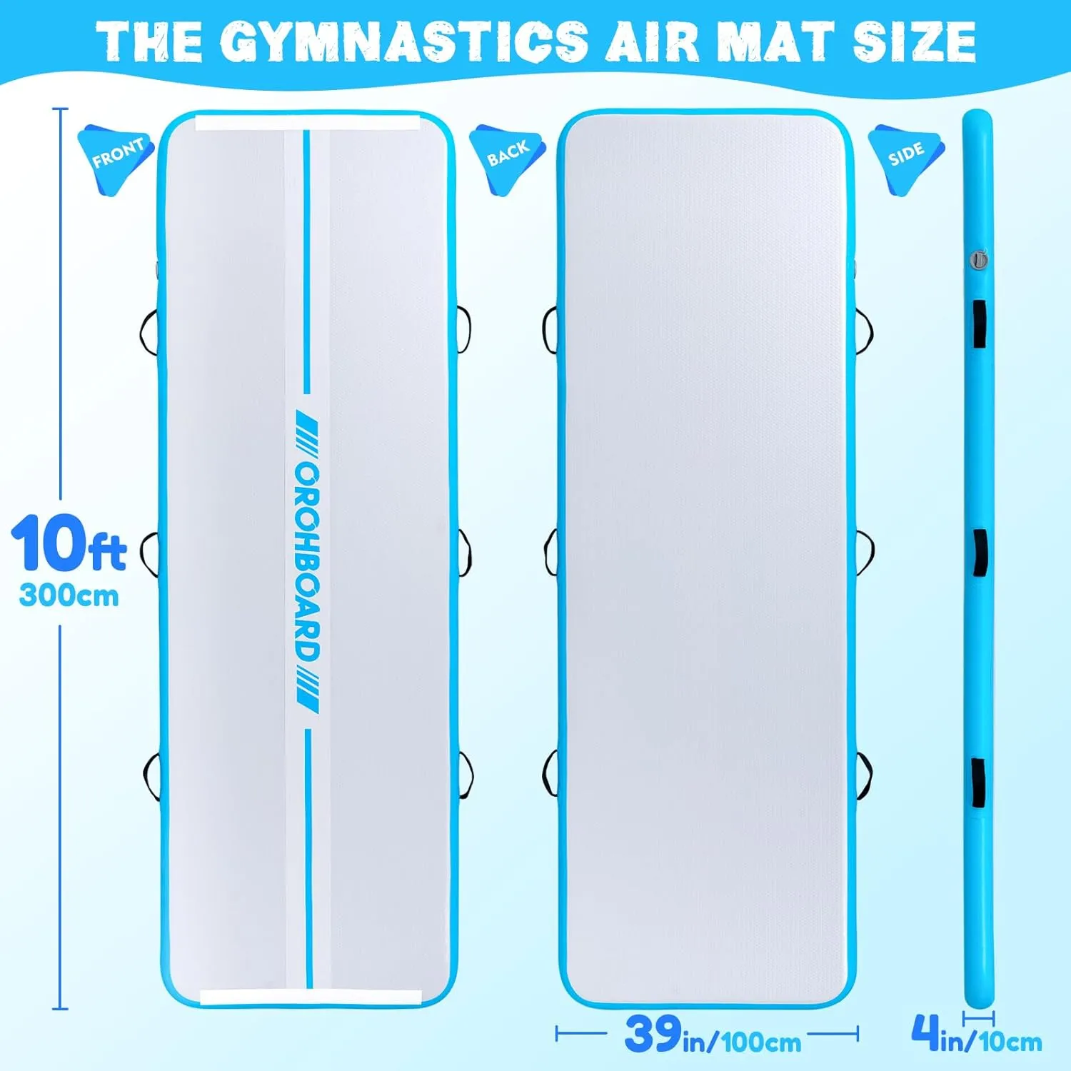 ORHOBOARD Inflatable Gymnastics Mat - 10’ Thick & Premium Heat Sealed Process, 1 1 Double-layer PVC Fitness Mats with Electric Pump, Repair Kit & Backpack - Multi-Scene exercise Mat Use for Outdoor