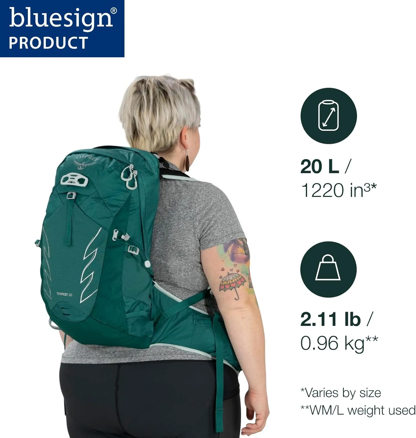 Osprey Tempest 20L Women's Hiking Backpack with Hipbelt, Jasper Green, WM/L, Extended Fit