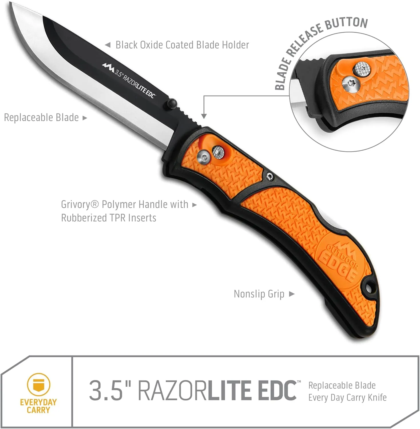 OUTDOOR EDGE 3.5" RazorLite EDC Knife. Pocket Knife with Replaceable Blades and Clip. Perfect For Hunting & Skinning Deer. Blaze Orange with 30 Blades.