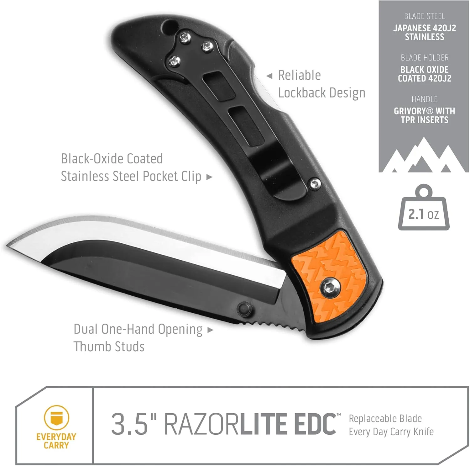 OUTDOOR EDGE 3.5" RazorLite EDC Knife. Pocket Knife with Replaceable Blades and Clip. Perfect For Hunting & Skinning Deer. Blaze Orange with 30 Blades.