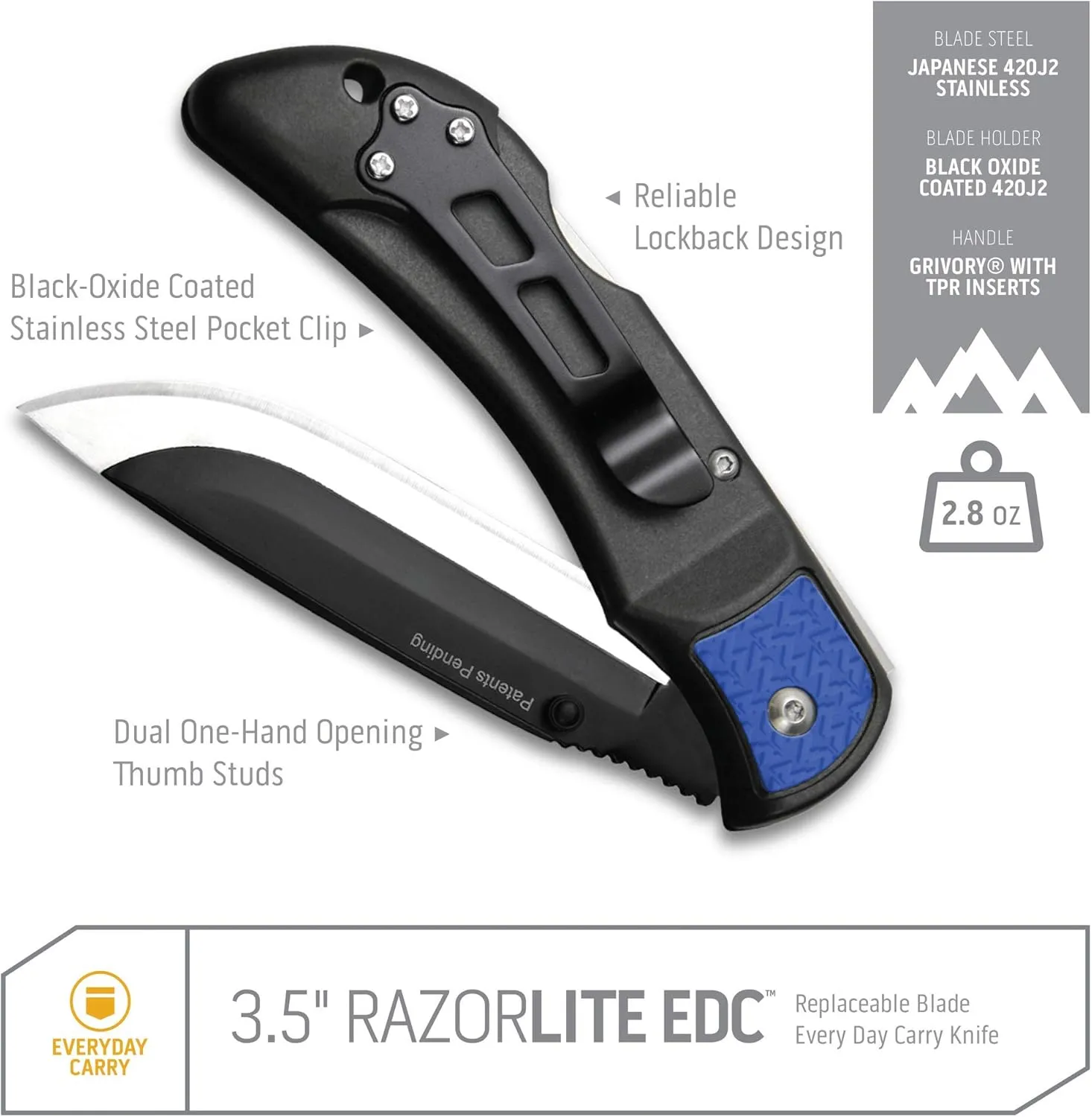 OUTDOOR EDGE 3.5" RazorLite EDC Knife. Pocket Knife with Replaceable Blades and Clip. Perfect For Hunting & Skinning Deer. Blue with 6 Blades