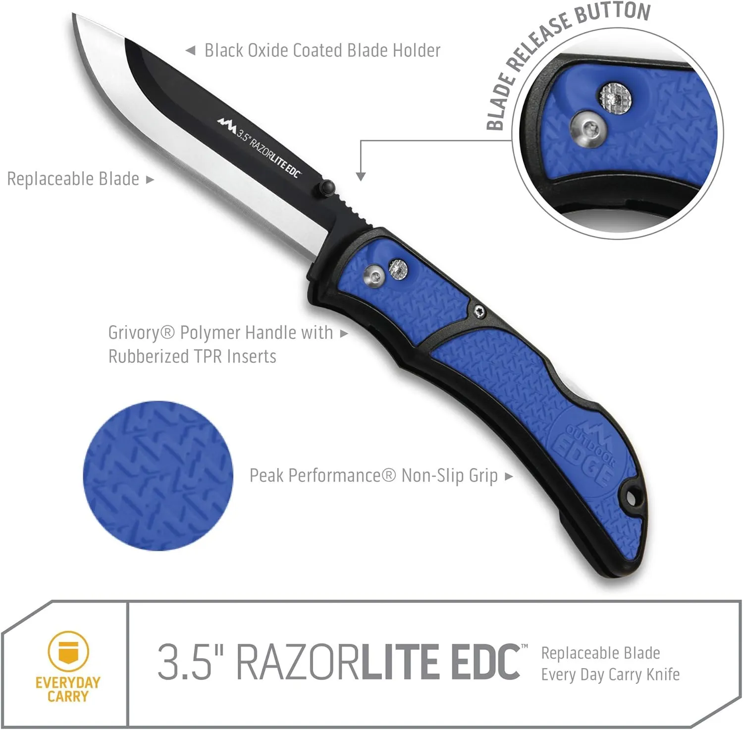 OUTDOOR EDGE 3.5" RazorLite EDC Knife. Pocket Knife with Replaceable Blades and Clip. Perfect For Hunting & Skinning Deer. Blue with 6 Blades