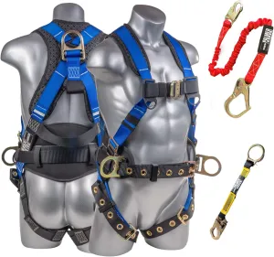 Palmer Safety Hammerhead Safety Harness, Padded Back Support, QCB, Grommet Legs, 6' Safety Lanyard with Rebar Hooks, OSHA ANSI Industrial Roofing Tool Personal Equipment (Blue - 3XLG)