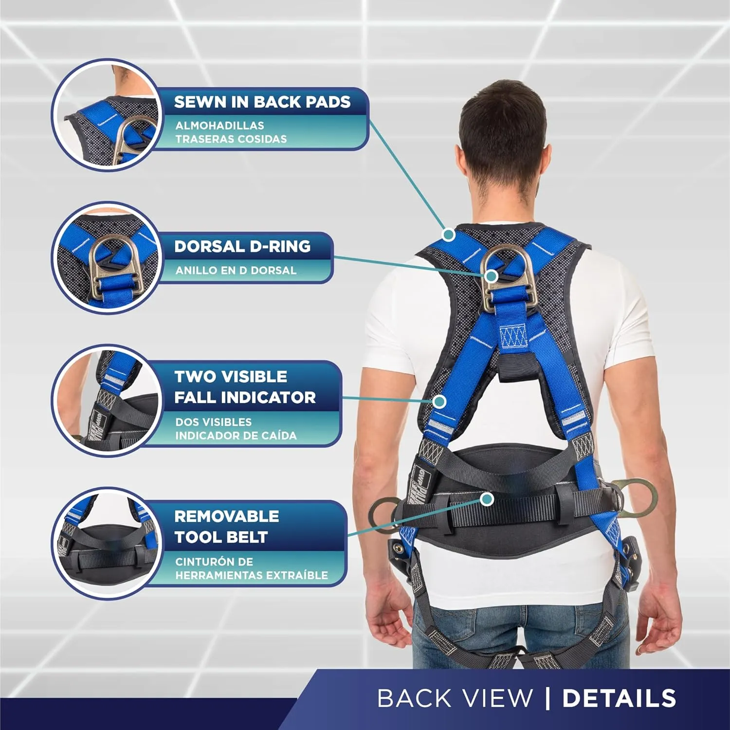 Palmer Safety Hammerhead Safety Harness, Padded Back Support, QCB, Grommet Legs, 6' Safety Lanyard with Rebar Hooks, OSHA ANSI Industrial Roofing Tool Personal Equipment (Blue - 3XLG)