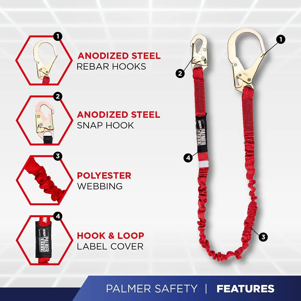 Palmer Safety Hammerhead Safety Harness, Padded Back Support, QCB, Grommet Legs, 6' Safety Lanyard with Rebar Hooks, OSHA ANSI Industrial Roofing Tool Personal Equipment (Blue - 3XLG)