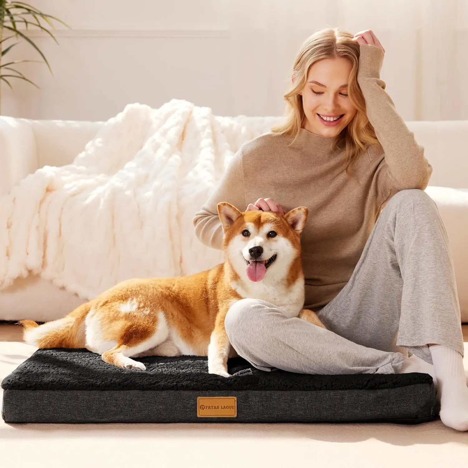Patas Lague Orthopedic XXL Dog Bed for Extra Large Dogs 48''X30'', Soft Comfortable Waterproof Egg Crate Foam Big Large Pet Beds Mat with Removable Washable Cover, Black