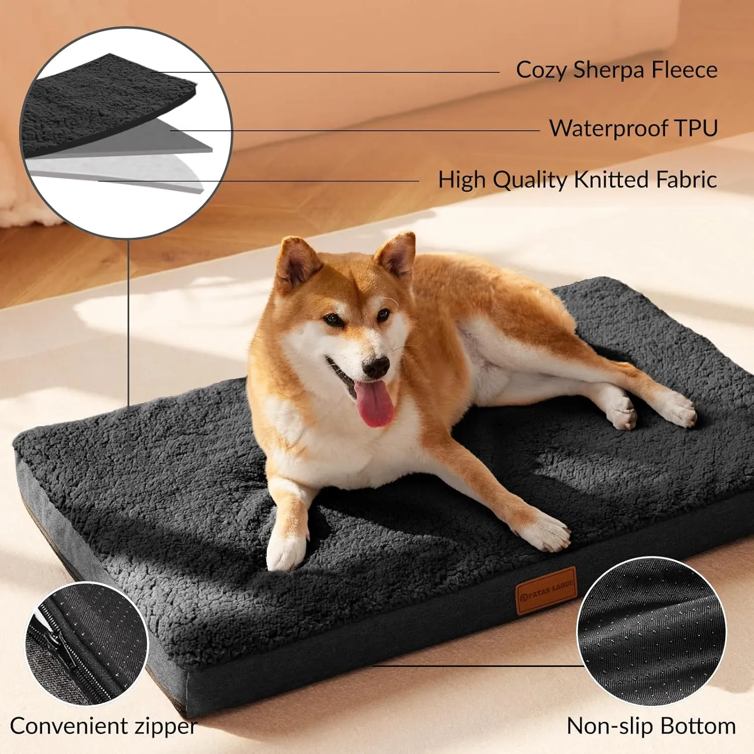 Patas Lague Orthopedic XXL Dog Bed for Extra Large Dogs 48''X30'', Soft Comfortable Waterproof Egg Crate Foam Big Large Pet Beds Mat with Removable Washable Cover, Black