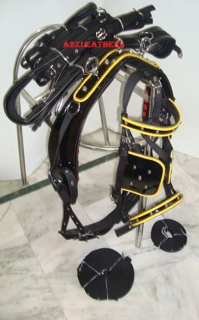 Patent Nylon Single Horse Driving Cart Harness Set in Black Color with Yellow Piping (Mini)