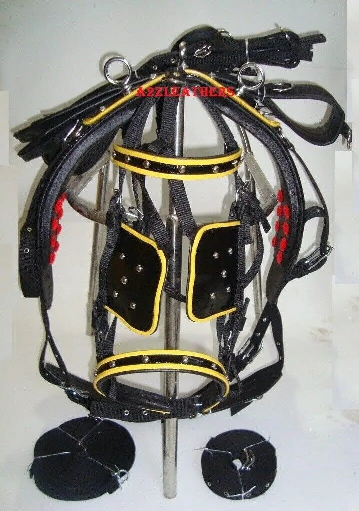 Patent Nylon Single Horse Driving Cart Harness Set in Black Color with Yellow Piping (Mini)