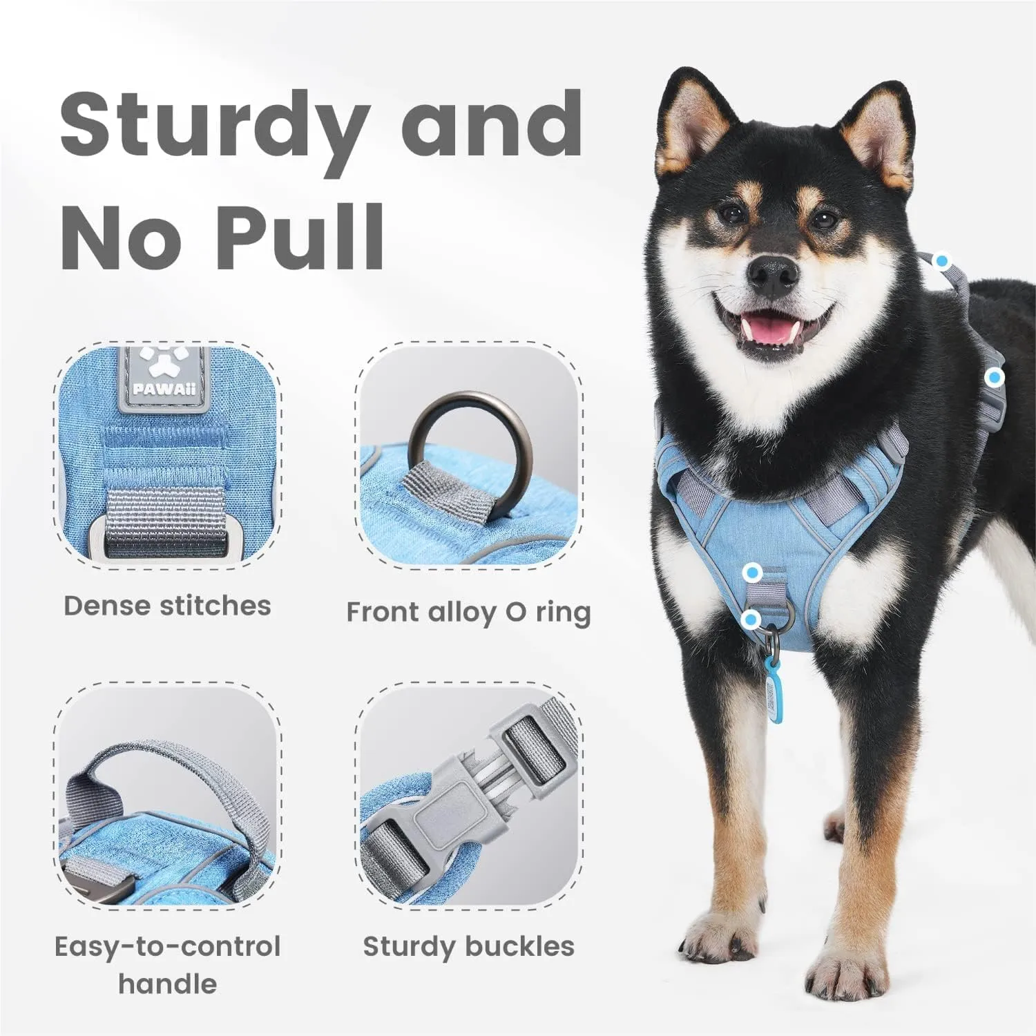 Pawaii No Pull Dog Harness with Pet ID Tag,Reflective Strips No Choke Front O Ring Breathable Mesh Adjustable Soft Padded Pet Vest with Easy Control Handle for Large Dogs
