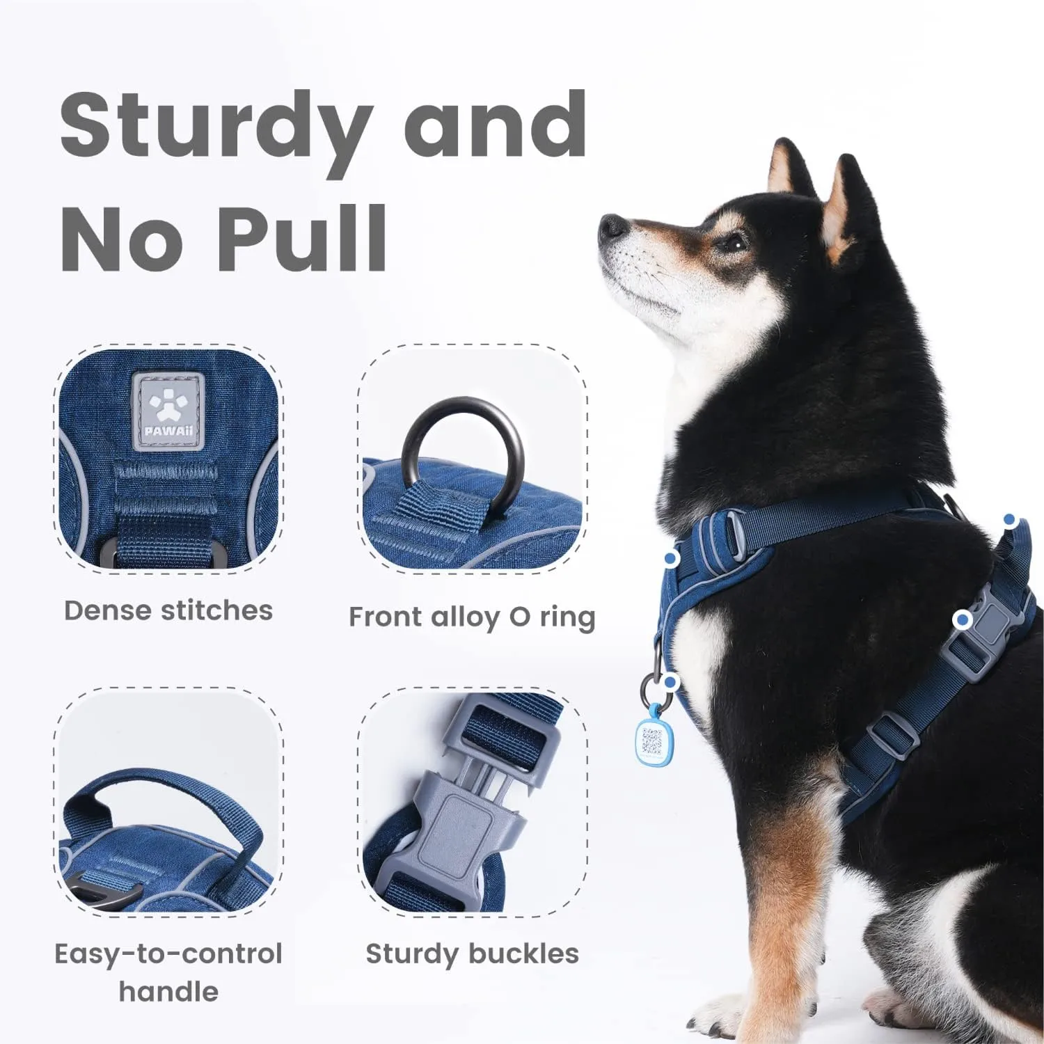Pawaii No Pull Dog Harness with Pet ID Tag,Reflective Strips No Choke Front O Ring Breathable Mesh Adjustable Soft Padded Pet Vest with Easy Control Handle for Medium Dogs