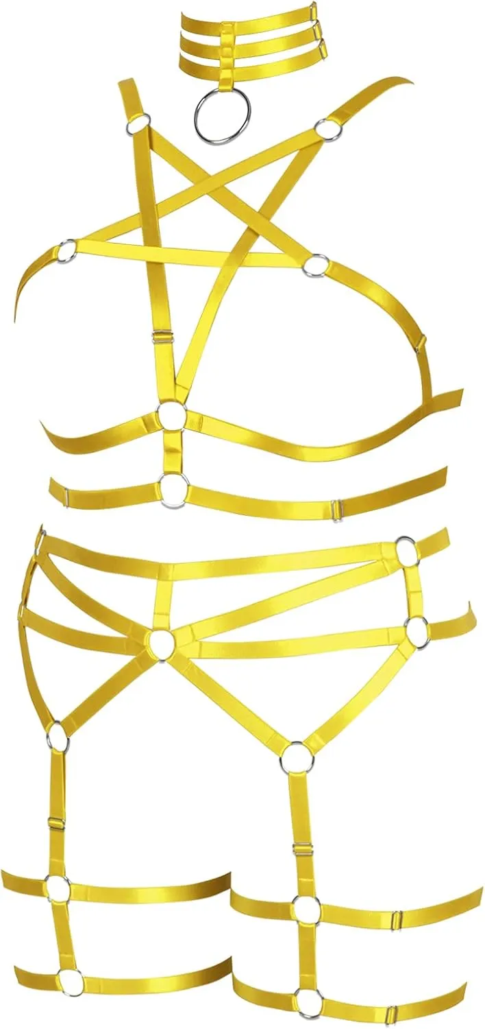 Pentagram Plus Size Women's Body Harness Punk Full Cage Bra Set Hollow Out Adjustable Gothic Dance Festival Rave