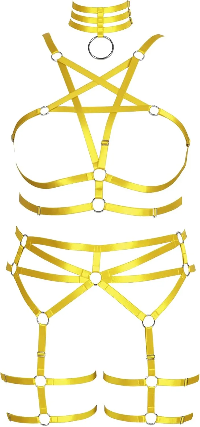 Pentagram Plus Size Women's Body Harness Punk Full Cage Bra Set Hollow Out Adjustable Gothic Dance Festival Rave