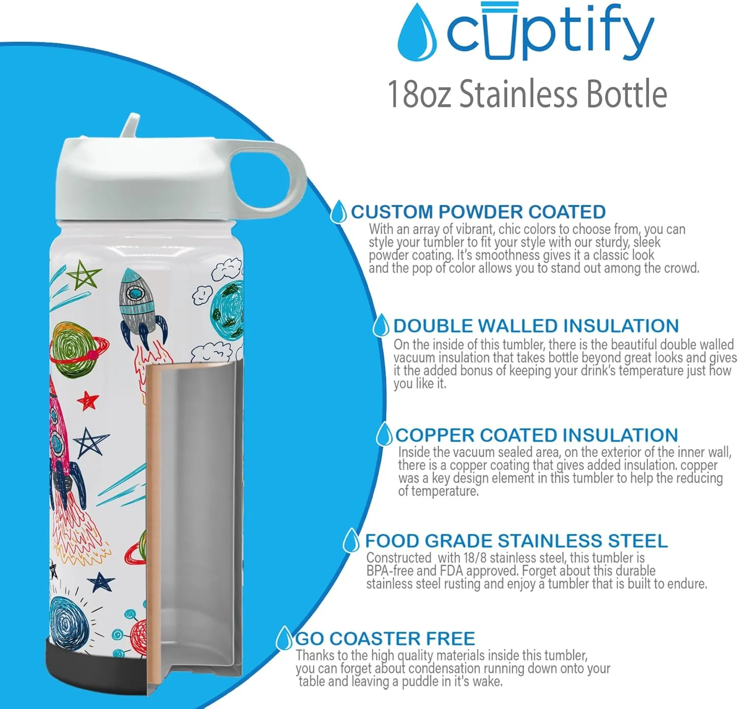 Personalized Children Water Bottle with Lid and Protective Silicone Boot Custom Crayon Rockets 18 oz Modern Insulated Stainless Steel for Boys