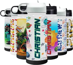Personalized Children Water Bottle with Lid and Protective Silicone Boot Custom Crayon Rockets 18 oz Modern Insulated Stainless Steel for Boys