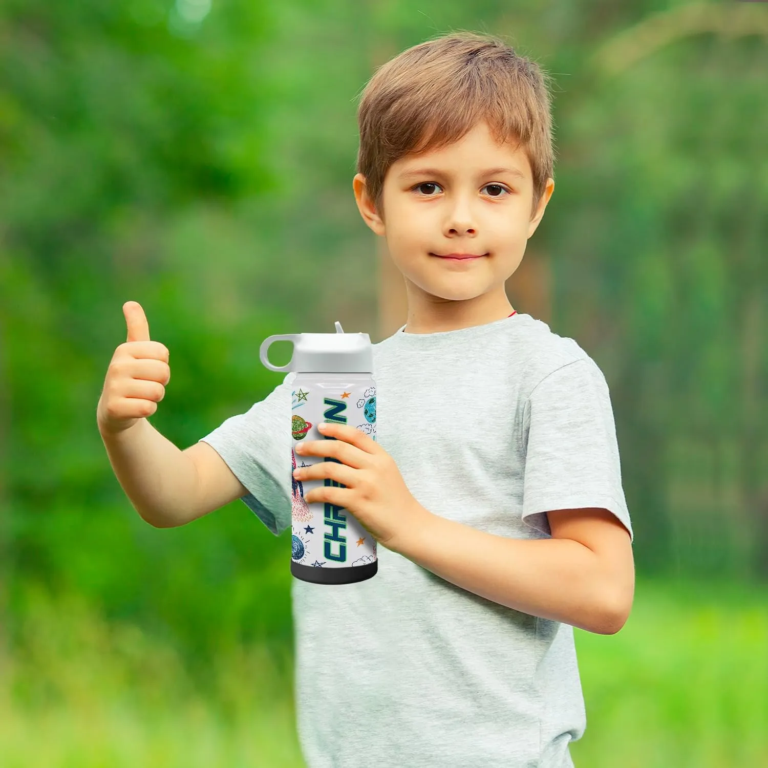 Personalized Children Water Bottle with Lid and Protective Silicone Boot Custom Crayon Rockets 18 oz Modern Insulated Stainless Steel for Boys