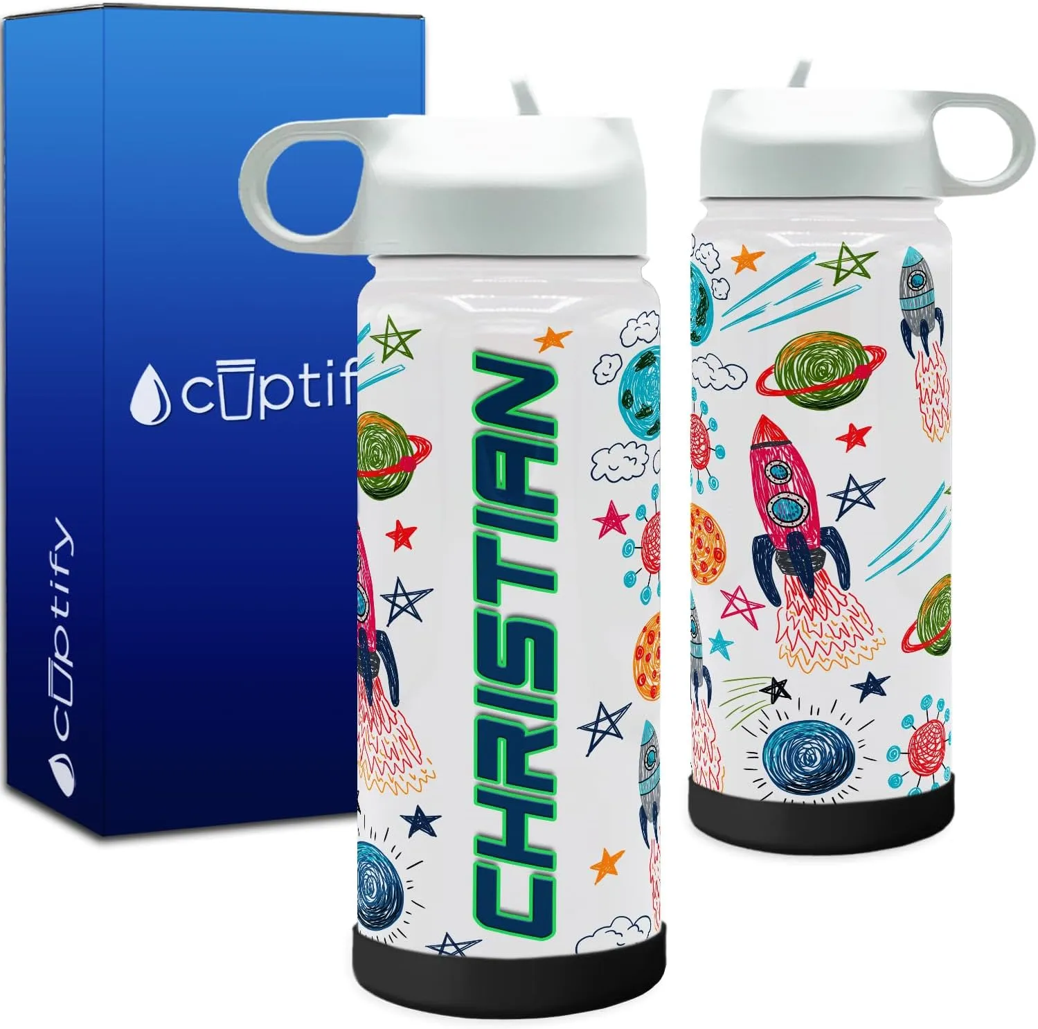 Personalized Children Water Bottle with Lid and Protective Silicone Boot Custom Crayon Rockets 18 oz Modern Insulated Stainless Steel for Boys