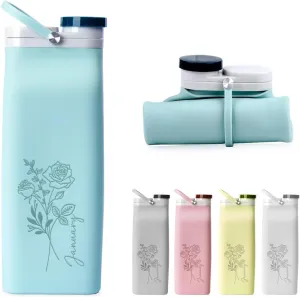 Personalized Collapsible Water Bottles BPA Free - Birth Month Flower Custom Name 20oz Silicone Foldable Water Bottle, Portable Bottle Triple Leak Proof for Kid Adult Travel Sports Gift