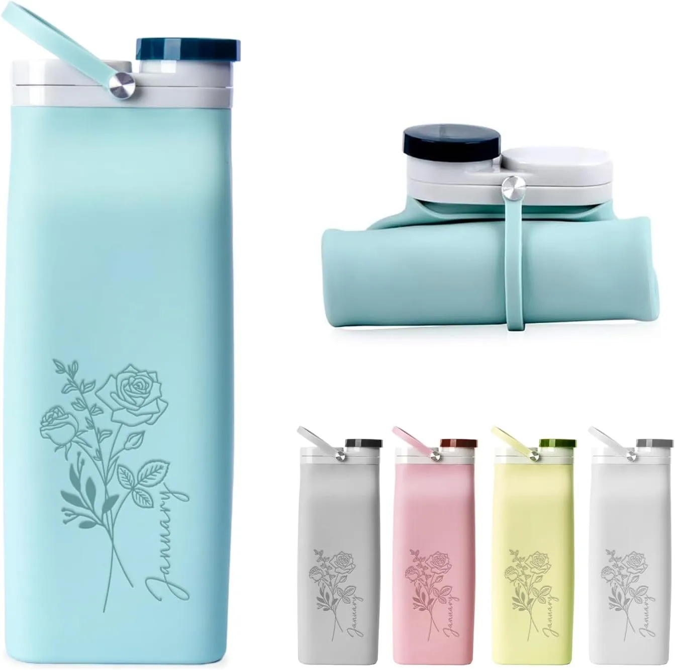Personalized Collapsible Water Bottles BPA Free - Birth Month Flower Custom Name 20oz Silicone Foldable Water Bottle, Portable Bottle Triple Leak Proof for Kid Adult Travel Sports Gift