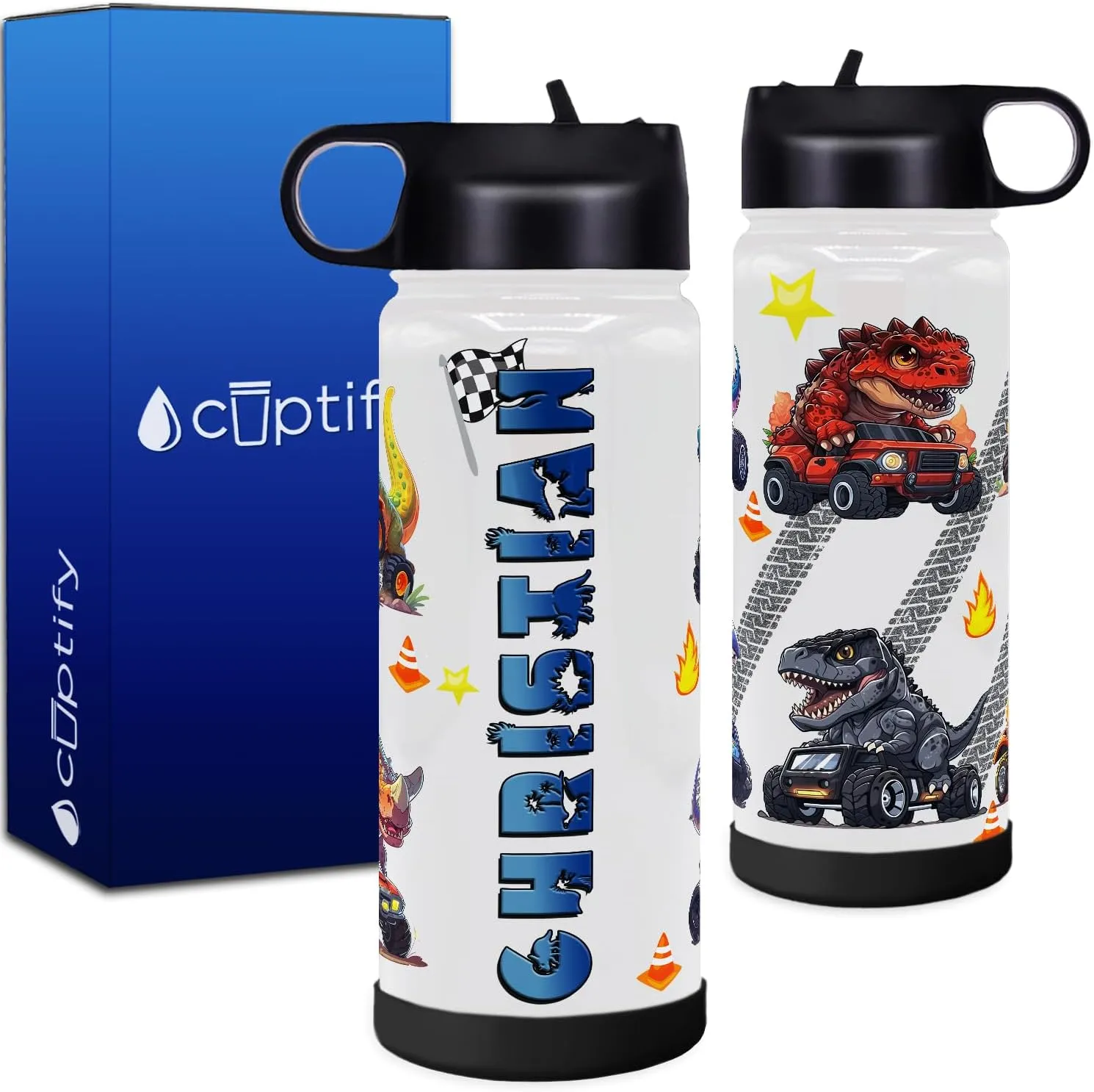 Personalized Dinosaur Water Bottle with Lid and Protective Silicone Boot Custom Monster Trucks 18 oz Modern Insulated Stainless Steel Birthday Gift for Boys