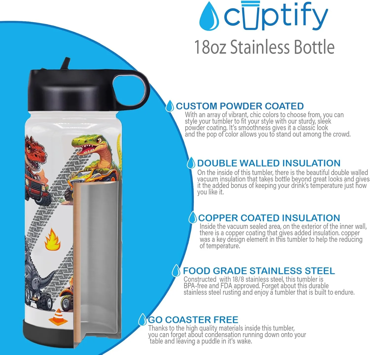 Personalized Dinosaur Water Bottle with Lid and Protective Silicone Boot Custom Monster Trucks 18 oz Modern Insulated Stainless Steel Birthday Gift for Boys