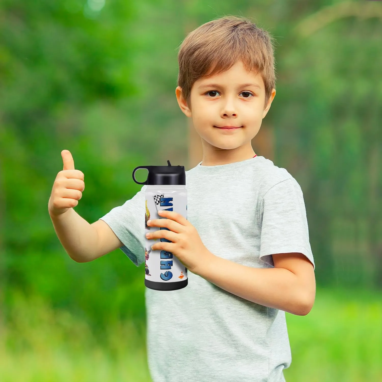 Personalized Dinosaur Water Bottle with Lid and Protective Silicone Boot Custom Monster Trucks 18 oz Modern Insulated Stainless Steel Birthday Gift for Boys