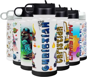Personalized Dinosaur Water Bottle with Lid and Protective Silicone Boot Custom Monster Trucks 18 oz Modern Insulated Stainless Steel Birthday Gift for Boys