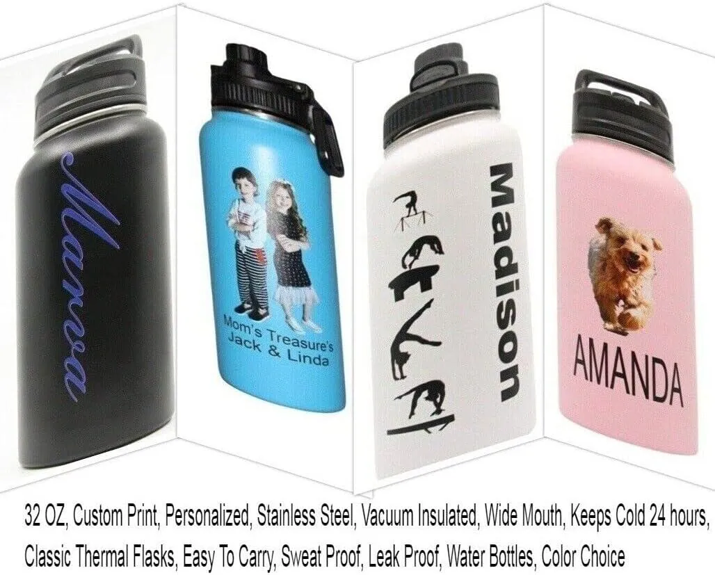 Personalized Insulated Stainless Steel Sports 18/32oz Water Bottle Custom Print Engraved Keeps Cold for 24 Hours Classic Easy To Carry Thermal Flasks Color & Design Choice (18oz W/Name & Photo)