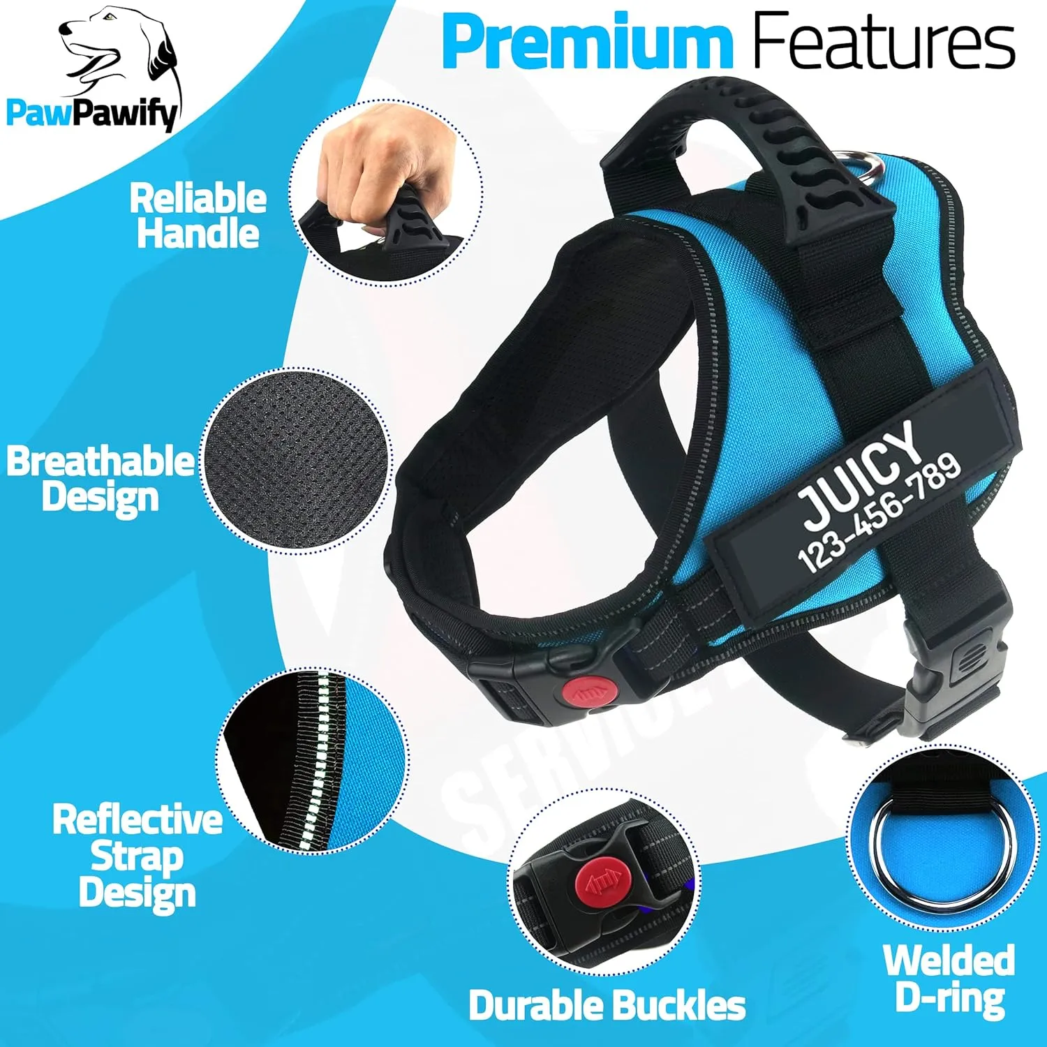 Personalized No Pull Dog Harness with Custom Name and Phone Number by PawPawify, Heavy Duty Pet Vest to Prevent Tugging, Pulling, or Choking, Training and Walking