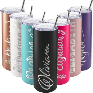 Personalized Skinny Tumblers with Lid, Gifts for Her 20 oz Black, 12 Designs | Custom Engraved Tumbler w Name - Personalized Cups - Gifts for Women, Double-Walled Stainless Steel
