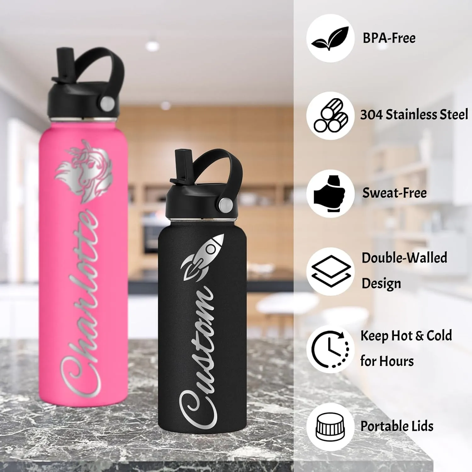 Personalized Water Bottle Custom Insulated Water Bottles with Straw Lid 32oz Customized Engraved Stainless Steel Bottles with Name Logo, Gift for School Sports Outdoor, Green