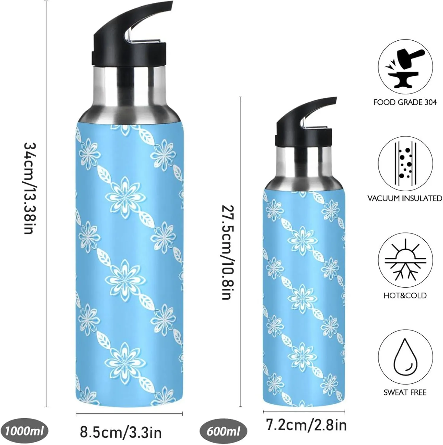 Petal Patterns Sports Water Bottle with Straw, 22oz BPA Free Stainless Steel Vacuum Insulated Bottle for Gym Fitness Outdoor
