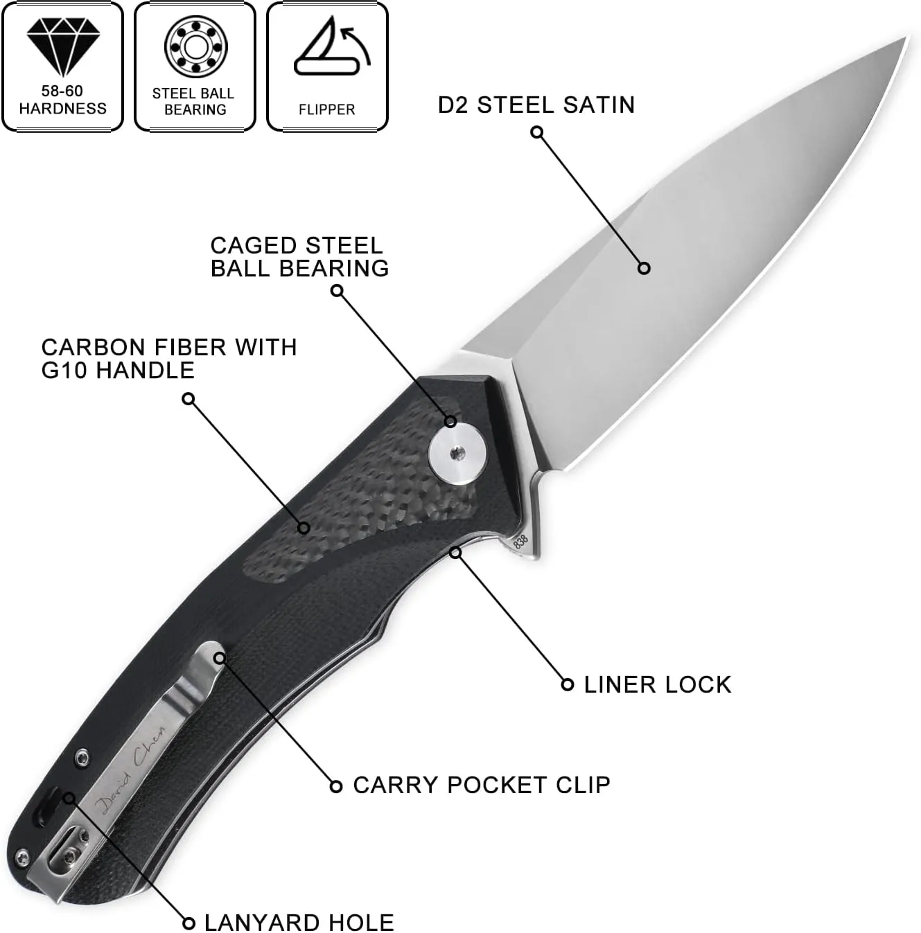 Petrified fish PF838CS 3.74" D2 steel flipper folding knives outdoor pocket knife G10 Carbon fiber handle camping hunting EDC tool