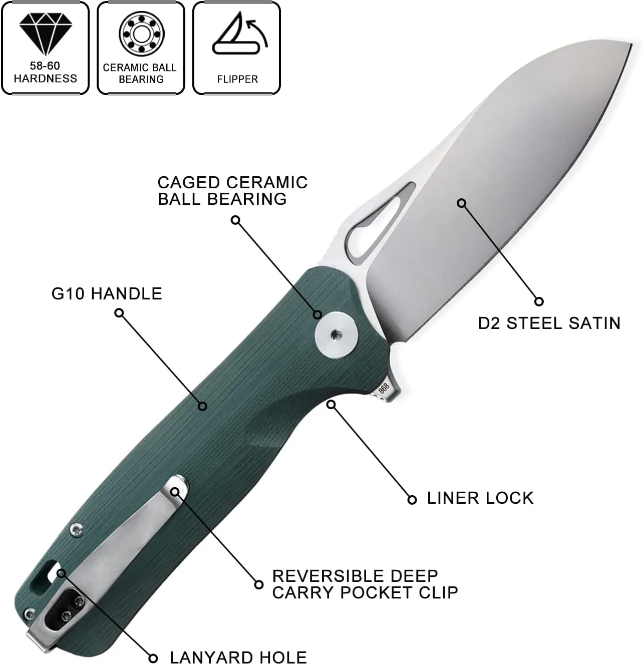 Petrified fish PF868 Bunta,3.35" D2 Satin Blade,146g G10 Handle Flipper Folding knife (Green G10)