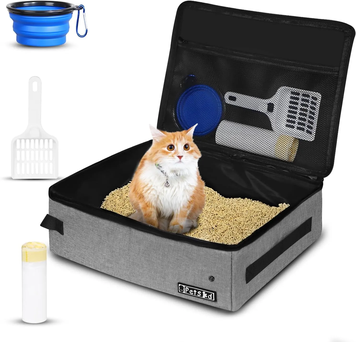 Petskd Portable Cat Travel Litter Box with Lid and 10 pcs Disposable Liner Bags, Leak-Proof and Collapsible, Cat Travel Essentials for Car, Hotel, Airplane and Other Outdoor Use(Grey)