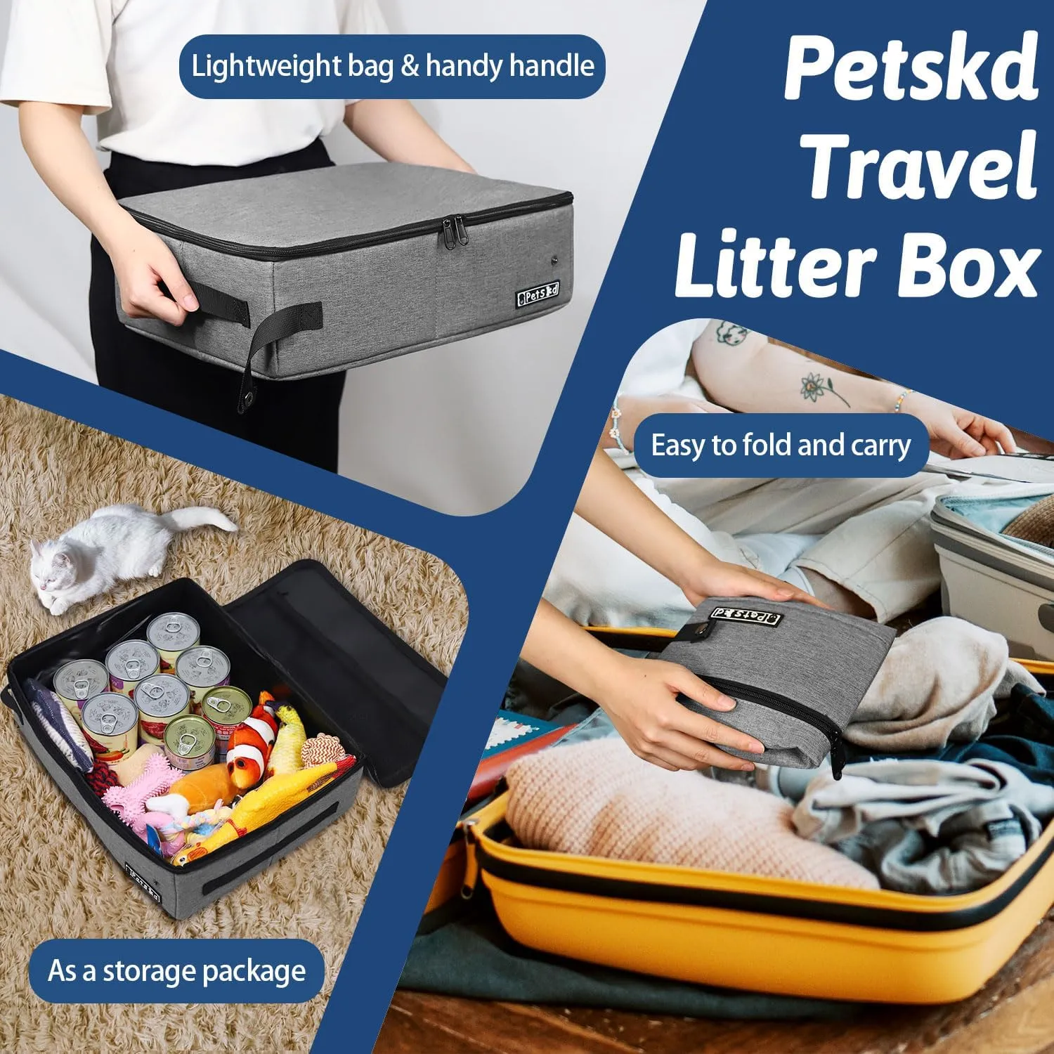 Petskd Portable Cat Travel Litter Box with Lid and 10 pcs Disposable Liner Bags, Leak-Proof and Collapsible, Cat Travel Essentials for Car, Hotel, Airplane and Other Outdoor Use(Grey)